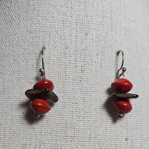 Red & Brown Wood Bead Sterling Silver Wire Earrings